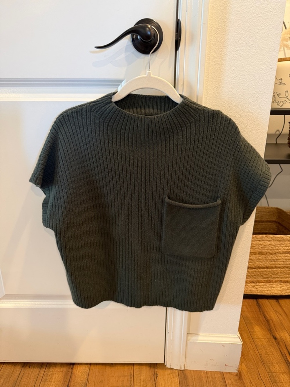 Super Soft Ribbed Cap-Sleeve Sweater Top in Dark Green